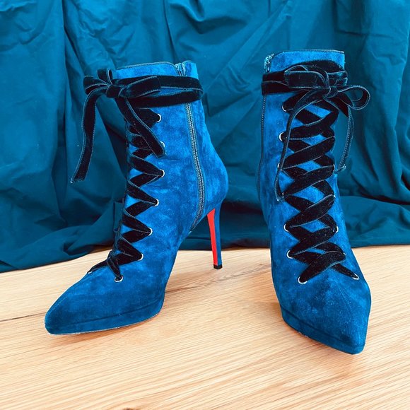 Authentic Christian Louboutin Circus Nana 100 Veau Velour Ankle Boots Marine - Picture 4 of 6